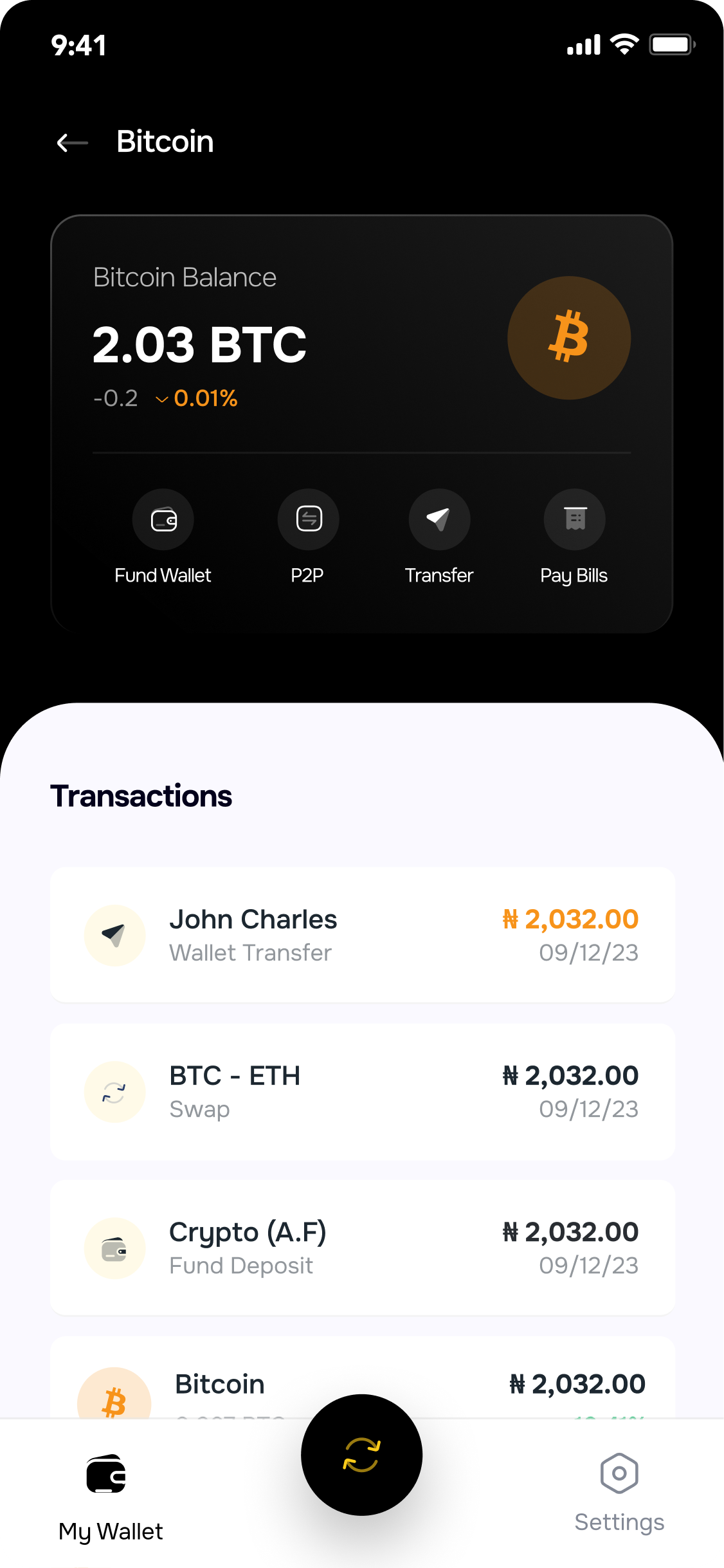 The Suplox wallet and transaction history in the mobile app