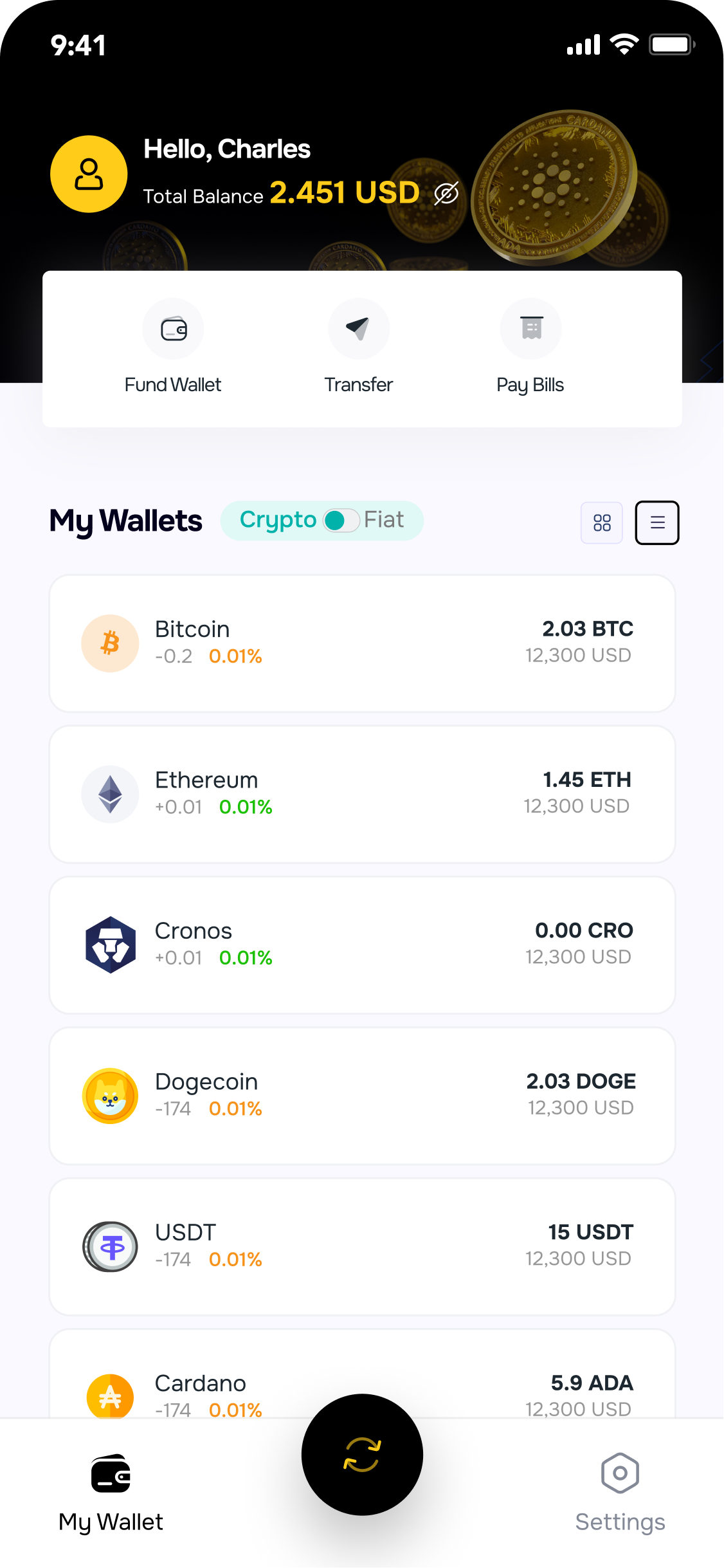 The Suplox wallet screen listing crypto balances