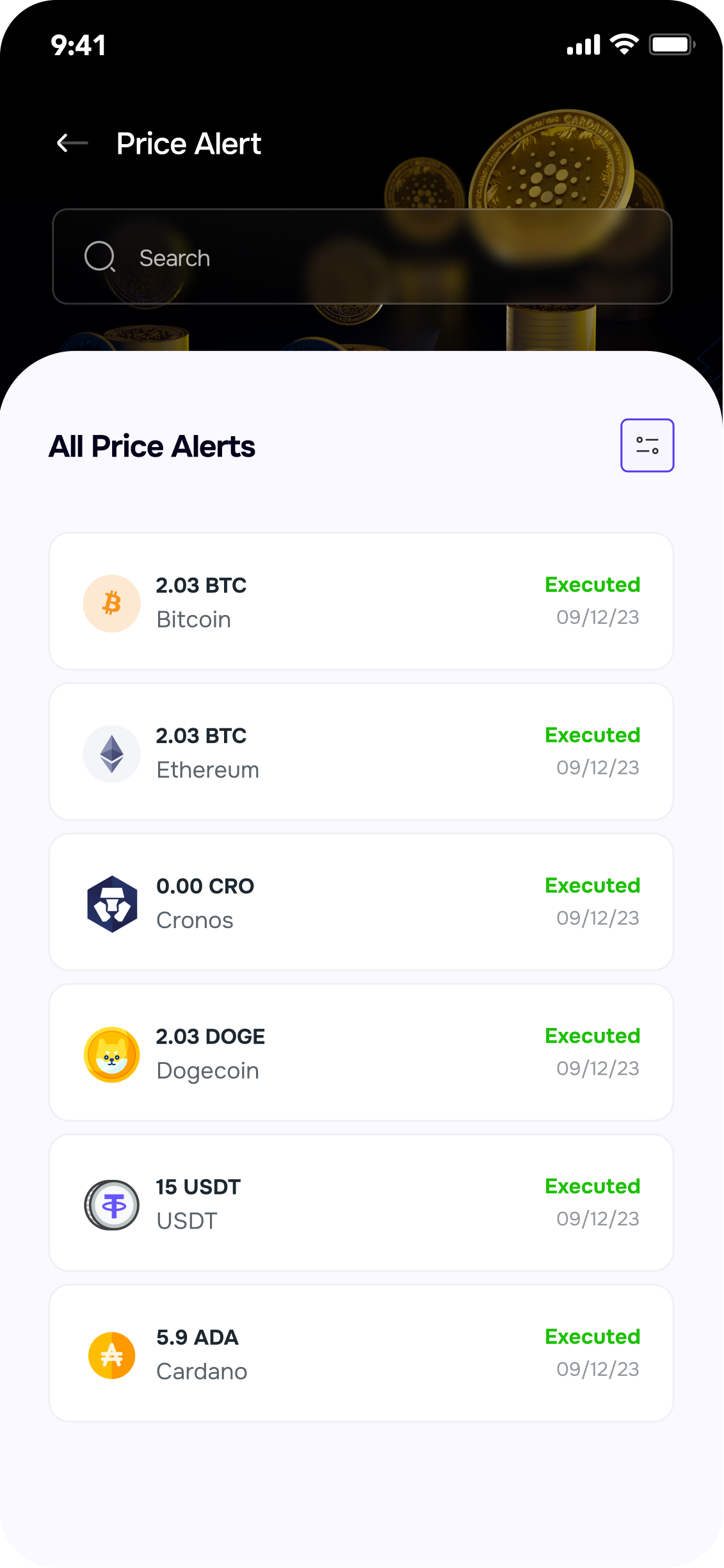 Executed price alerts in the Suplox app